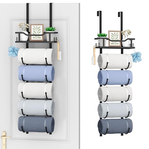 SWTYMIKI Over the Door Towel Rack - 6 Tier Towel Racks for Bathroom Wall Mounted, Towel Holder with Shelf, Hanging Rolled Towel Storage Organizer for Small Bathroom, Camper, RV, Black - color: Black, size: 6 Tier