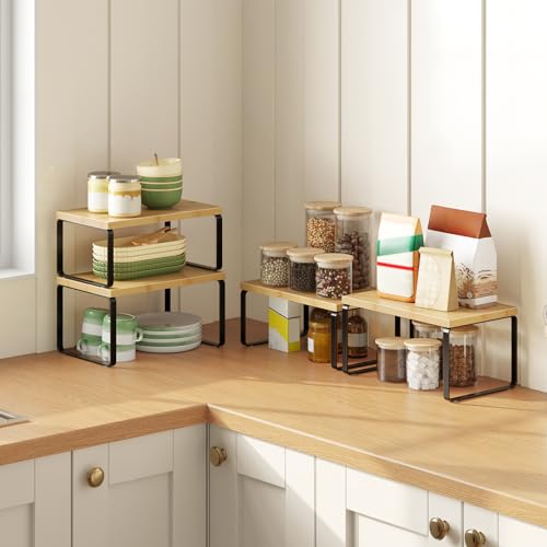 HOOBRO Cabinet Organizer Shelf, Set of 4 Kitchen Counter Shelves, Expandable Kitchen Storage, Stackable Bamboo Spice Rack, for Kitchen, Countertop, Office Desk, Bathroom, Natural and Black YB30TLP201 - color: Natural, Black