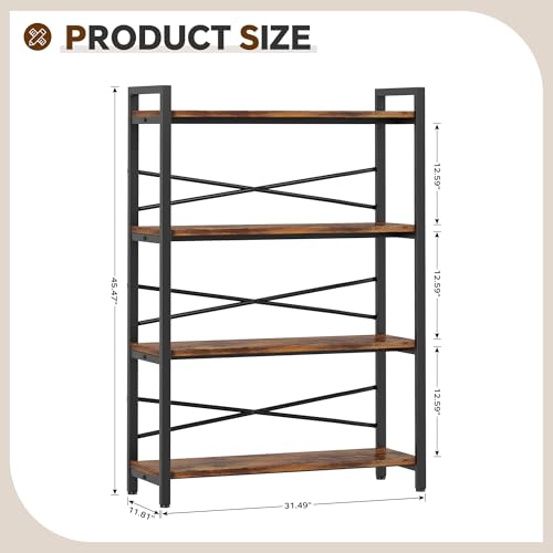 4 Tier Bookshelf 31.49" Width, Tall Book Shelf Storage and Organization, Wooden and Metal Industrial Bookcase, Large Book Shelves for Home Living Room Bedroom Office Storage(Vintage) - color: Vintage, size: 4 Tier - 31.5" W