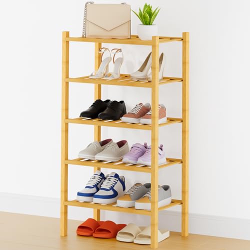 Smiry Shoe Rack, 5 Tier Thick Small Bamboo Shoe Organizer, Stackable Free Standing Wooden Shoe Storage Shelf for Closet, Entryway, Front Door Entrance, Natural - color: Natural, size: 17.32" Wide - 5 Tier - Thicker