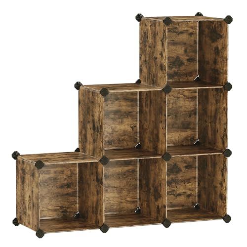 SONGMICS 6 Cube Storage Organizer, Modular Bookshelf, DIY Closet Organizers and Storage, Plastic Stackable Shelves, 11.8 x 11.8 x 11.8 Inch Cubes, with Feet and Rubber Mallet, Rustic Brown ULPC111A01 - color: Rustic Brown, size: 11.8"L x 11.8"W x 11.8"H