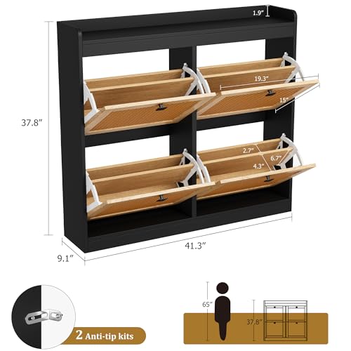 GarveeHome Shoe Cabinet Rattan with 4 Flip Drawers, Wooden Freestanding Shoe Organizer with Adjustable Shelves, Shoe Storage for Entryway, Closet, Hallway - color: Black, size: 4-Drawers