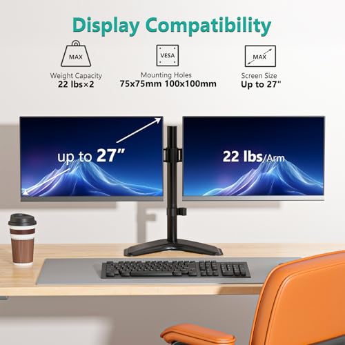 WALI Dual Monitor Stand for Desk, Monitor Stands for 2 Monitors up to 27 inch, Dual Monitors Mount Fits up to 22lbs, Free Standing Full Motion Dual Monitors Arm for Desk (MF002), Black - size: Dual, style: Free-Standing
