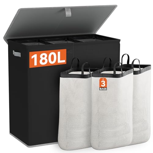WOWLIVE Laundry Hamper with Lid,180L Large Laundry Basket 3 Section with Removable Washing Bags,Collapsible Waterproof Dirty Clothes Hamper for Laundry Room Bathroom Dorm,Black - color: Black, size: 180L (31.5x 12.2 x 27.5 Inches)