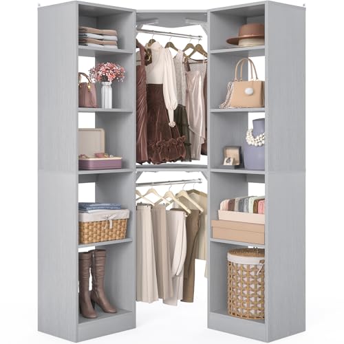 Besiost Corner Closet System with 12 Shelves, 39.2" Corner Closet Organizer System with 2 Hanging Rods, Versatile 6-Tier Walk-in Closets for Corner Space, Grey (39.2" L x 39.2" W x 80" H) - color: Grey, size: 39.2" - Without Lights