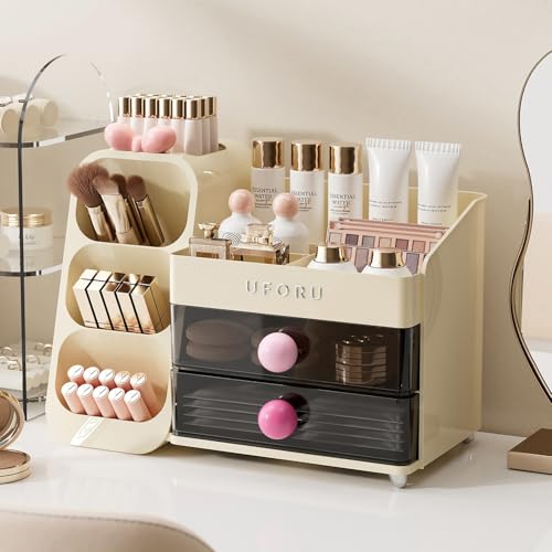 Makeup Organizer for Vanity with Brush Holder, Large Plastic Bathroom Countertop Skincare Organizer with 2 Drawers, Spacious Cosmetic Display Case for Perfumes, Eyeshadow Palettes, Nail Polishes - color: Cream White&Pink, size: Large