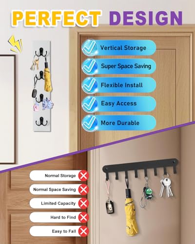UCEC Vertical Key Holder for Wall with Hooks, Space-Saving Wooden Key Holder Wall Mount Small Organizer for Entryway, Keys, Wallets, and Pet Leashes – White Key Rack for Front Door or Garage Decor - color: Classic White Color