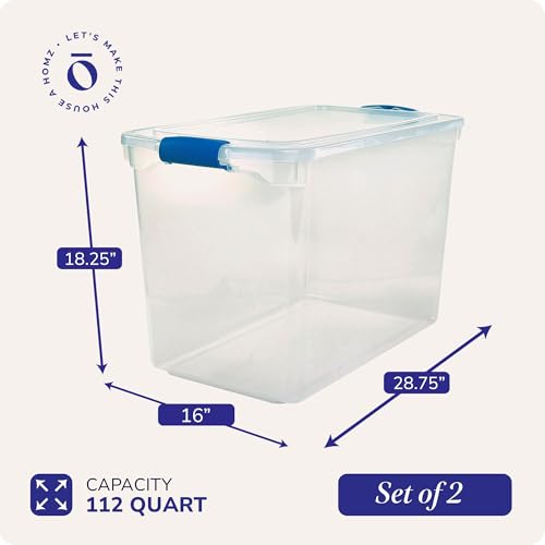 HOMZ 2-Pack Latching Lid, Clear Plastic Storage Organizer Bins, 112 Quart, Blue Latch - Stackable Organizing Containers for Home, Garage, and Office - color: Blue, size: 112 QT (2 Pack)