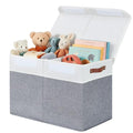 DECOMOMO Large Toy Storage Box with Lid - 25L x 12W x 16H inches Toy Chest Storage Bin with Divider for Kids, Nursery, Playroom (Grey & White)