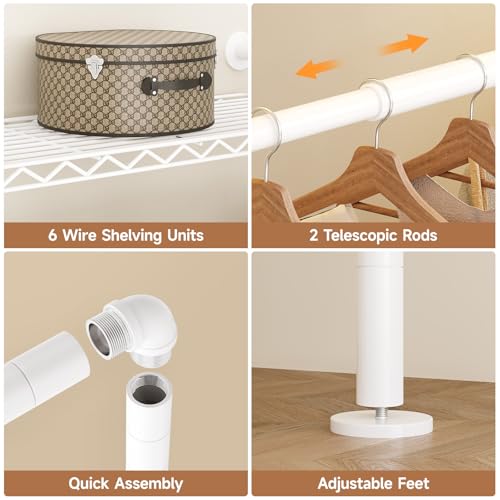 Wall Mounted Garment Rack, Walk-in Closet System with Expandable Rods, Adjustable Shelves, Industrial Pipe Clothing Racks, Hanging Clothes Organizers and Storage, Metal Closet Shelving Wardrobe - color: White