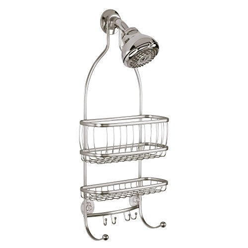 iDesign York Metal Wire Hanging Shower Caddy, Extra Wide Space for Shampoo, Conditioner, and Soap with Hooks for Razors, Towels, and More, 9.75" x 4" x 22", Satin Silver - color: Satin