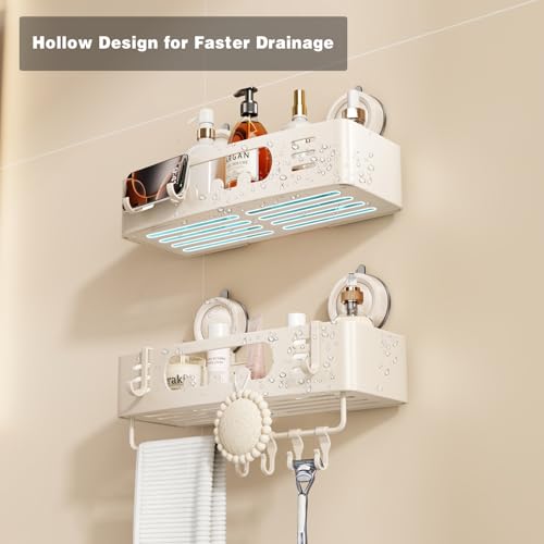 Voldra Shower Caddy Suction Cup, Shower Shelves for Inside Shower No Drilling, Aluminum Suction Showers Organizer for Wall with Towel Bar & Hooks Removable Bathroom Storage Rack (2 Pack-Cream White) - color: Cream White-Rectangle, size: 2 Pack