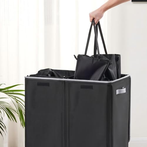 Dual Laundry Hamper with Lid and 2 Removable Liners, 145L Laundry Basket, 2 Sections for Easy Sorting, Collapsible Design, Dirty Clothes Hampers, Bedroom, Dorm, College, Black - size: 145L
