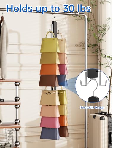 NiHome Wooden Purse Organizer for Closet, 8 Extra-Wide Metal Hooks Handbag Hanger, Space-Saving Hanging Bag Holder & Purse Rack for Closet Organization (Black, 2 Pack) - color: Black, size: 2 Pack