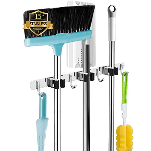 3 Racks and 4 Hooks Broom and Mop Holder Wall Mounted Garage Organizer Storage Tool Racks Stainless Steel Heavy Duty Hooks Self Adhesive Solid Non-slip Wall Hangers for Home Kitchen Garden Laundry - color: 3 Racks & 4 Hooks (Silver) - 1 Pack