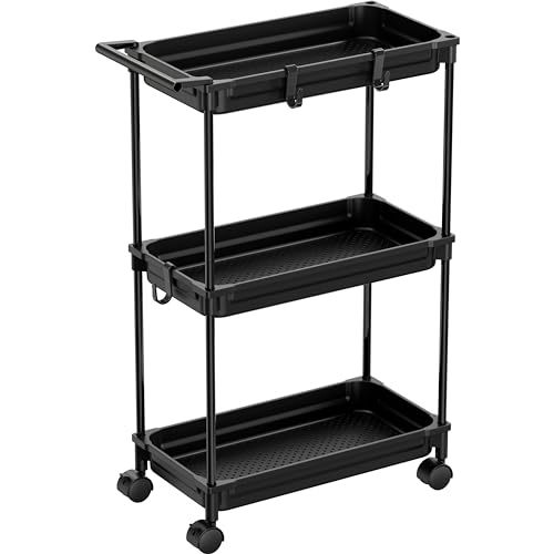 SimpleHouseware Standard 3-Tier Slim Rolling Storage Cart, Black - color: Black