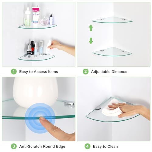 Glass Corner Shower Shelves, Tempered Floating Glass Shelves Wall Mount, Shower Caddy Organizer, Bathroom Corner Shelf with Zinc Alloy Brackets for Bathroom, Kitchen, Living Room, 9.8" x 9.8", 2 Pack - size: 2 PACK Without Rail