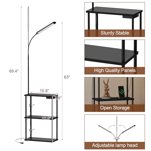 LED Floor Lamp with Table, 15W Bright Reading floor lamp with Remote & Touch Control, Narrow Side Table with USB Charging Station and AC Port, End Table for Bedroom, Living Room and Home Office, Black - color: Matte Black