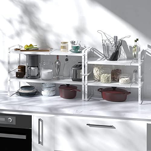 Expandable Cabinet Shelf Organizer Adjustable Metal Spice Rack Stackable Freestanding Counter Storage Shelves for Kitchen Cabinet Under Sink Office Desk (White - 2Pack - L16.5-27'' * W10.2'' * H9.6'') - color: White - 2Pack - L16.5-27'' * W10.2'' * H9.6''