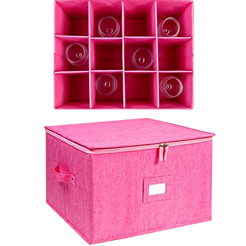 Stemware Storage Cases, Hard Shell Wine Glass Storage Box Containers with dividers for 12 Wine Glasses, Drinkware, Glassware or Crystal 17" x 13" x 10"H (Pink) - color: Pink