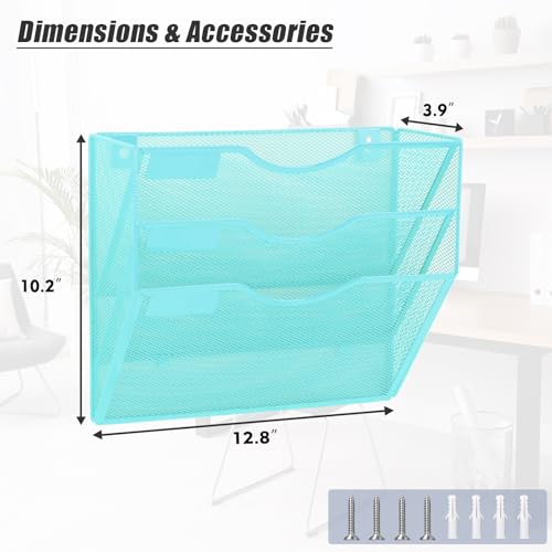 EASEPRES 3 Pocket Mesh Hanging Wall File Organizer, Wall Mounted Mail Paper Document Folder Holder, Clipboard Storage Organization Magazine Rack with Nametag Label for Office Home School, Blue - color: Blue, size: 3 Tier