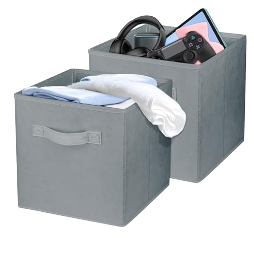 2 Pcs Storage Cubes, 10.5 Inch Collapsible Storage Bins, Fabric Foldable Bins for Organization, Durable Storage Bins for Closet, Shelves, Offices (Grey)