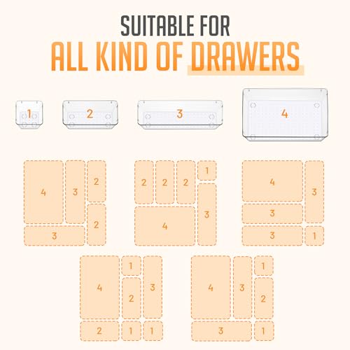 Masirs Clear Drawer Organizers Set 25 PCS – Plastic Storage Bins for Desk, Kitchen, Bathroom, Vanity – Modular, Stackable, Non-Slip Drawer Organizer Trays for Makeup, Utensils, Office Supplies - size: 25-Piece Set