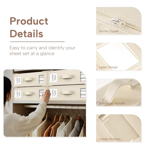 Criusia Bed Sheet Organizers and Storage, 4 Pack Foldable Linen Closet Organizers – Bedding Holder for Sheet Set (King/Queen Sizes), Duvet Covers, Blankets (Beige) - color: Beige, size: 4PACK