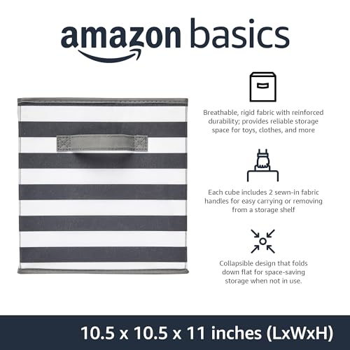 Amazon Basics Collapsible Fabric Storage Bins with Handles, Cube Organizer for Home Organization, 10.5"x10.5"x11", White/Light Grey Stripe, 6-Pack - color: White/ Light Grey Stripe, size: 10.5"x10.5"x11"