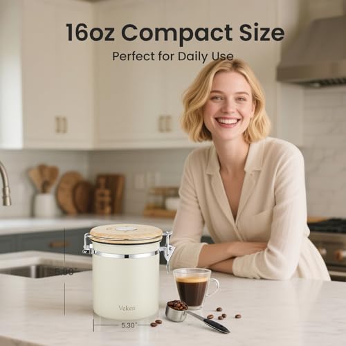 Veken Coffee Canister, Airtight Stainless Steel Kitchen Food Storage Container with Date Tracker and Scoop for Beans, Grounds, Tea, Flour, Cereal, Sugar, Cookie, 16OZ, Cream - color: Cream, size: 16 oz