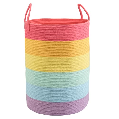 Woven Cotton Rope Laundry basket-16”X22” Laundry Hamper-Rope Storage Basket for Dirty Clothes, Toys and Blankets Perfect for Bathroom, Baby nursery and Living Room Storage (rainbow, Large) - color: rainbow, size: Large