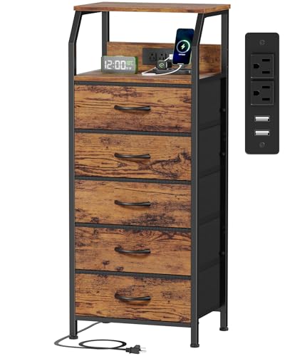 Furnulem 5 Drawers Dresser with Charging Station, Tall Night Stand with Storage Shelf, Fabric Chest of Drawers, Bedside Table for Closet, Entryway, Bedroom Furniture, 3 Ways to Use, Rustic Brown - color: Rustic Brown, size: 5 Drawer
