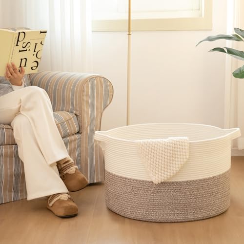 OIAHOMY 90L XXXLarge Blanket Basket for Living Room, 21.7" x 13.8" Woven Cotton Rope Laundry Basket for Organizing Pillows, Decorative Stuffed Animal Toy Storage Bin for Nursery, White and Pink - color: White and Pink, size: 21.7"D x 13.8"H