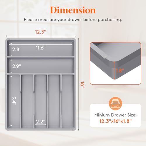 Lifewit Silverware Drawer Organizer Tray, Plastic Cutlery Storage for Kitchen, Flatware and Utensil Holder Divider for Spoons Forks Knives Tableware, 12.3 x 16", 7 Slots, Gray - color: Gray, size: 12.3 x 16 inch (7 Slots)