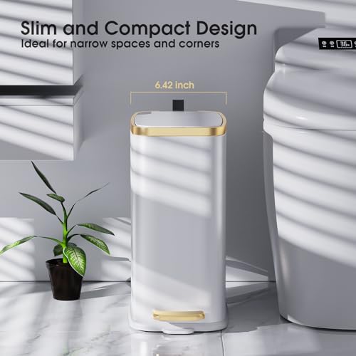 CEROELDA Small Bathroom Trash Can with Lid Soft Close-5L/1.3 Gal Stainless Steel Garbage Can-Step Pedal Wastebasket Slim Trash Bin for Office, Bedroom, Toilet, Live Room-White - color: White