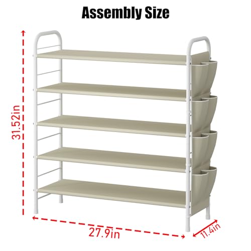 SUOERNUO Shoe Rack Storage Organizer 5 Tier Free Standing Metal Shoe Shelf Shoe Organizer with Side Shoes Pockets for Entryway Closet Bedroom, Beige - color: Beige, size: 5 Tier