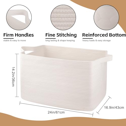 OIASKET 95L Extra Large Blanket Basket, 24" x 16.9" x 14.2" Woven Storage Basket for Living Room, Rectangle Nursery Blanket Storage for Toys, Towels, Dirty Clothes (White) - color: White, size: 24"x16.9"x14.2"