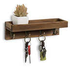 MyGift 10 Inch Floating Wall Shelf with Hooks, Dark Brown Wood Entryway Storage Shelf with 4 Metal Key Hooks - color: Dark Brown