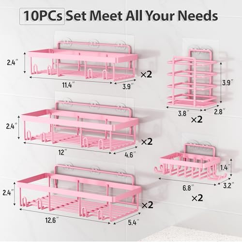 Liuoud 10 Pack Shower Caddy Organizer Rack Shelf for Inside Shower, Self Adhesive Wall Storage Basket Rustproof Stainless Steel Shampoo Holder Bathroom Accessory Decor Set, Pink - color: Pink