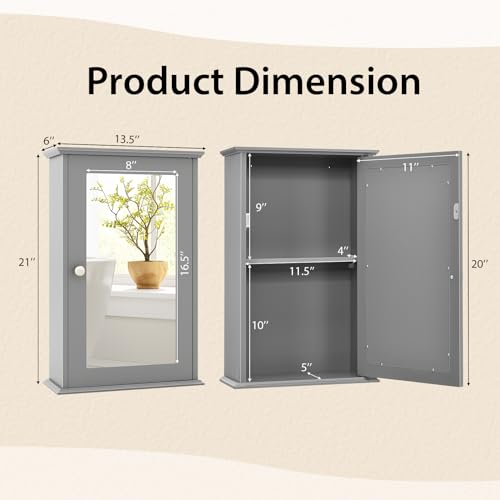 Tangkula Bathroom Medicine Cabinet with Mirror, Wall Mounted Single Mirror Door Storage Cabinet w/Adjustable Shelf, Wall Cabinet w/Reversible Door for Bathroom Living Room Hallway (Grey) - color: Grey