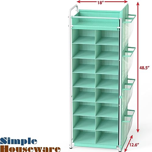 Simple Houseware 16 Cube Shoe Stand Tower Rack 8 Tier with Top Shelf and Side Hanging Pockets, Turquoise - color: Turquoise