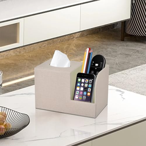 PU Leather Square Tissue Box Cover,Multifunctional Tissue Box Holder,Tissue Box with Storage,Tissue and Remote Control Holder,Tissue Box Decorative Desk Organizer for Home&Office,Beige - color: Beige