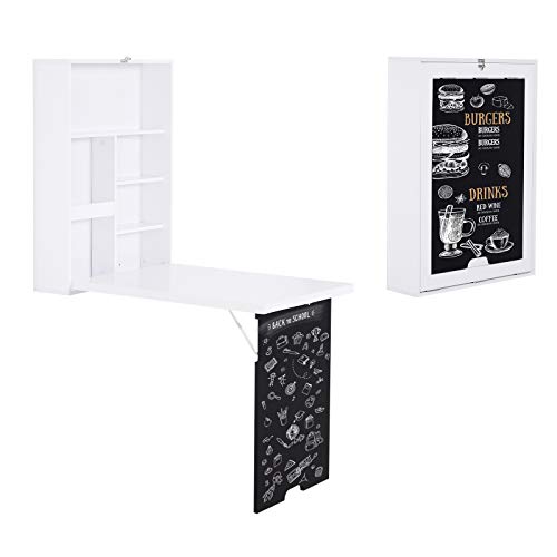 Foldable Wall Mounted Desk with Storage Shelves, Fold Out Convertible Computer Table with Blackboard, Folding Writing Table Workstation for Small Spaces,Home Office (White-a) - color: White-a