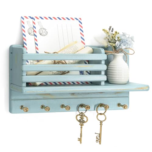 Rebee Vision Pine Wood Key Holder Wall Mount for Home Decor - 6 Hooks for Hats, Essential Home Organizer - Farmhouse Key Holder for Wall Mail Slot Can Store Letters & Files (Blue) - color: Blue