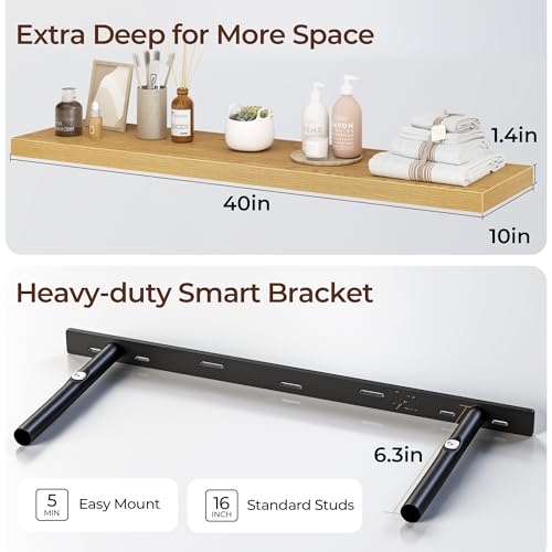 Fun Memories Floating Shelves for Wall 40 Inch Set of 3, Farmhouse Floating Shelves with Invisible Heavy Duty Bracket, 10 Inch Deep Bathroom Shelves for Storage, Living Room, Kitchen, Decor, Oak - color: Oak, size: 40"W x 10"D - 3P