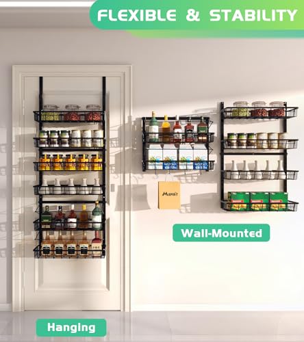 Mefirt Over The Door Pantry Organizer, Pantry Storage and Organization, 6-Tier Adjustable Hanging Baskets, Metal Wall Mount Spice Rack Seasoning Shelves for Home & Kitchen, Laundry Bathroom - Black - color: Black, size: 6-Tier