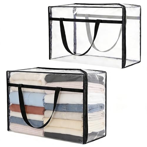 60L Clear Storage Bags Plastic Blanket Storage Bag Foldable Moving Organizers Containers with Zipper for Bedding Blanket Clothes Under Bed Holder - 2 Pcs - color: 2 Pcs, size: 60L