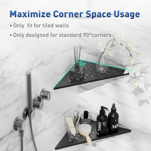 lives 2 Pack Corner Shower Shelf 10" Slot Design Recessed Shower Shelves for Tiled Wall, 304 Stainless Steel Corner Shelf for Bathroom, No Drilling Needed (Matte Black, Cross) - color: Black-cross Pattern, size: Triangle-2pcs