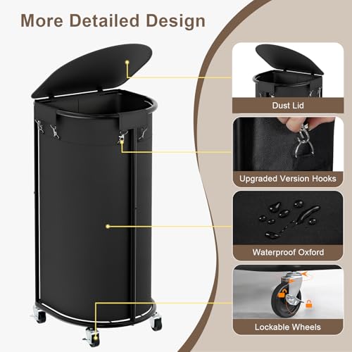Rolling Laundry Basket with Lid, 100L Laundry Hamper with Wheels, Half Round Laundry Cart with Removable Bag, Sturdy Metal Frame Dirty Clothes Organizer for Bathroom, Bedroom, Black - color: Black, size: 100L(16.9"L x 12.6"W x 31.5"H)