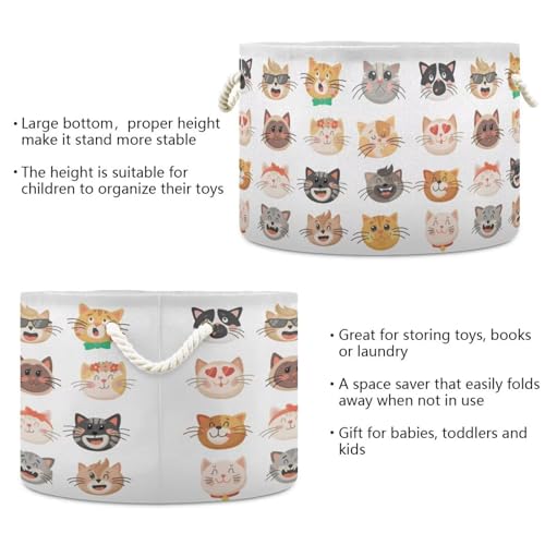 Cat Face Print Round Storage Basket Cute Kitten Large Laundry Hamper 20 x 20 x 14 Inches Organizer Bin with Cotton Rope Handles Clothes Storage Bag for Nursery Bedroom Living Room Decor - color: White